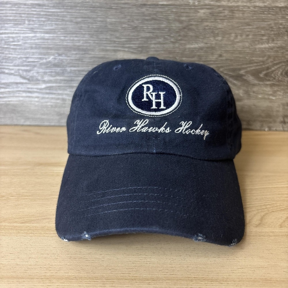 UMass Lowell River Hawks Hat Cap Strap Back Blue Navy Hockey Distressed